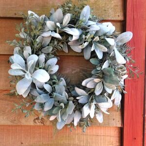 Real Looking Artifical Lambs Ear Greenery Wreath  for Front Door Housewarming